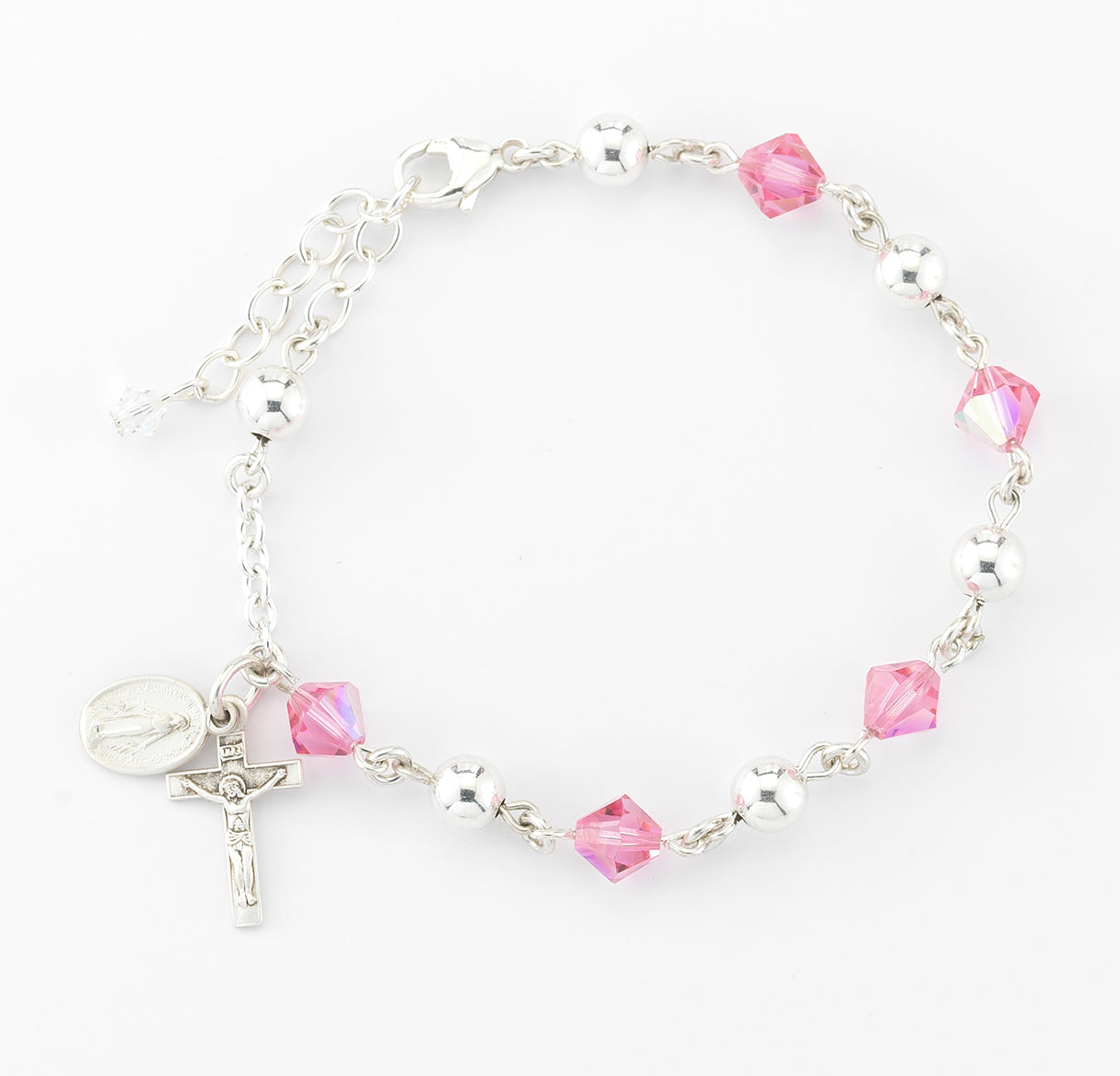 6mm Sterling Silver Rosary Bracelet w/Sterling Silver & Pink Crystals by Swarovski® Crystal Beads-Bxd