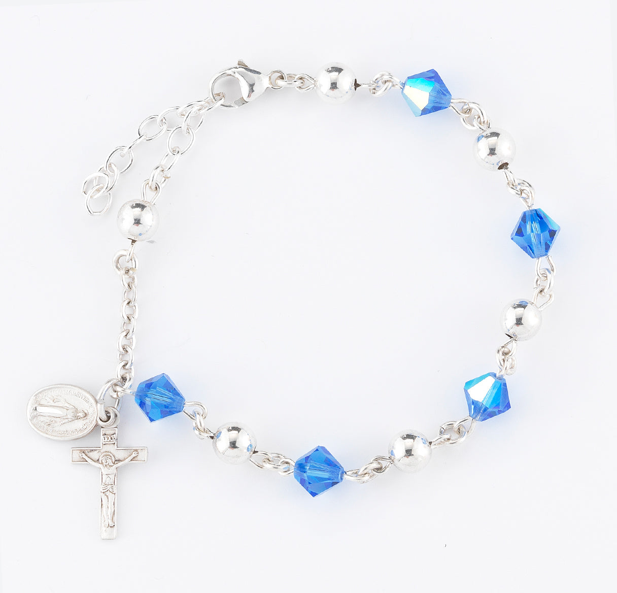6mm Sterling Silver Rosary Bracelet w/Sterling Silver & Sapphire Crystals by Swarovski® Crystal Beads-Bxd