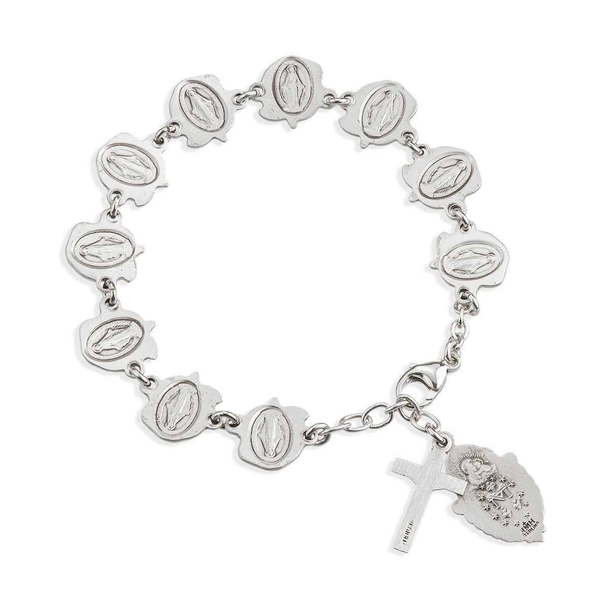 10mm Sterling Silver Miraculous Medal Rosebud Bracelet W/ Sterling Crucifix and Miraculous Scapular Medla (S1113)-Bxd