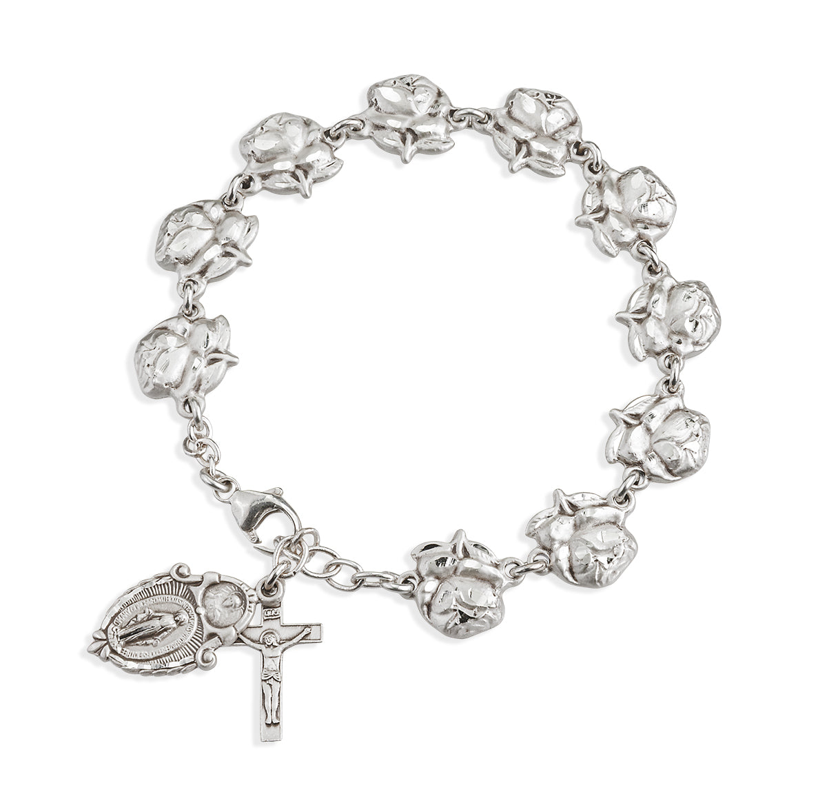 10mm Sterling Silver Miraculous Medal Rosebud Bracelet W/ Sterling Crucifix and Miraculous Scapular Medla (S1113)-Bxd