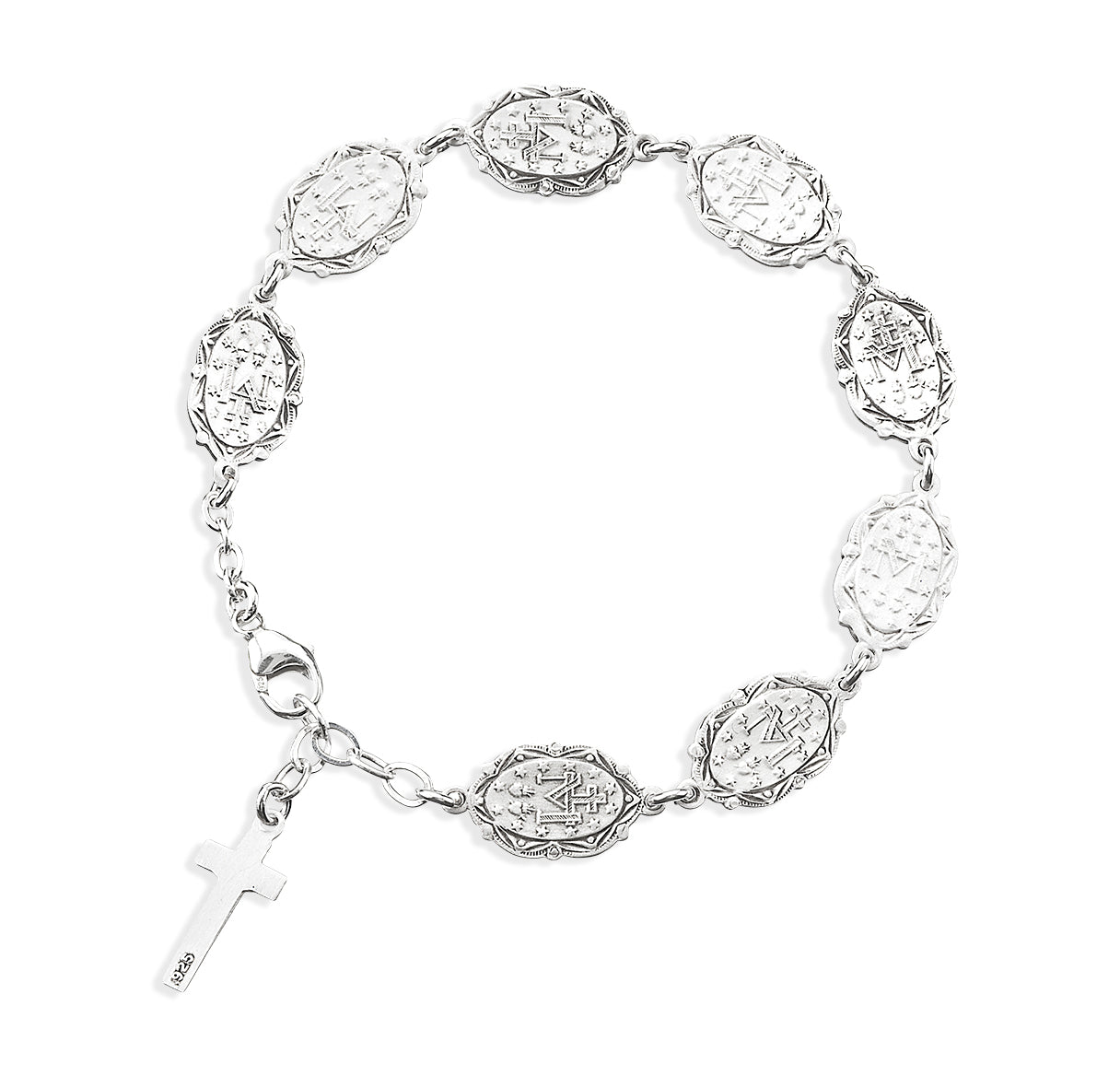 Ornate Miraculous Medal Sterling Silver Bracelet