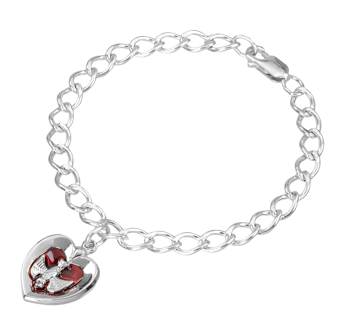 6-1/2" Solid Sterling Silver Charm Bracelet W/Red Epoxy Sterling Holy Spirit Medal(S3721RD)-Bxd