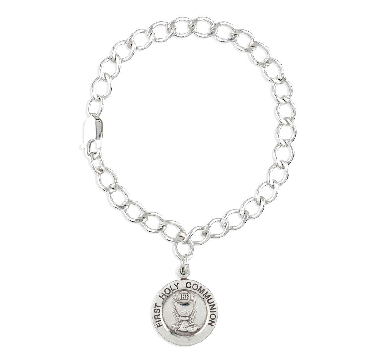 6-1/2" Solid Sterling Silver Charm Bracelet  w/ (s3853) -Round Communion Medal- Bxd