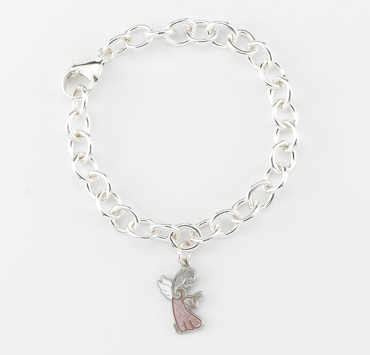 6-1/2" Extra Heavy Solid Sterling Silver Link Bracelet w/Pink Angel Charm-Bxd