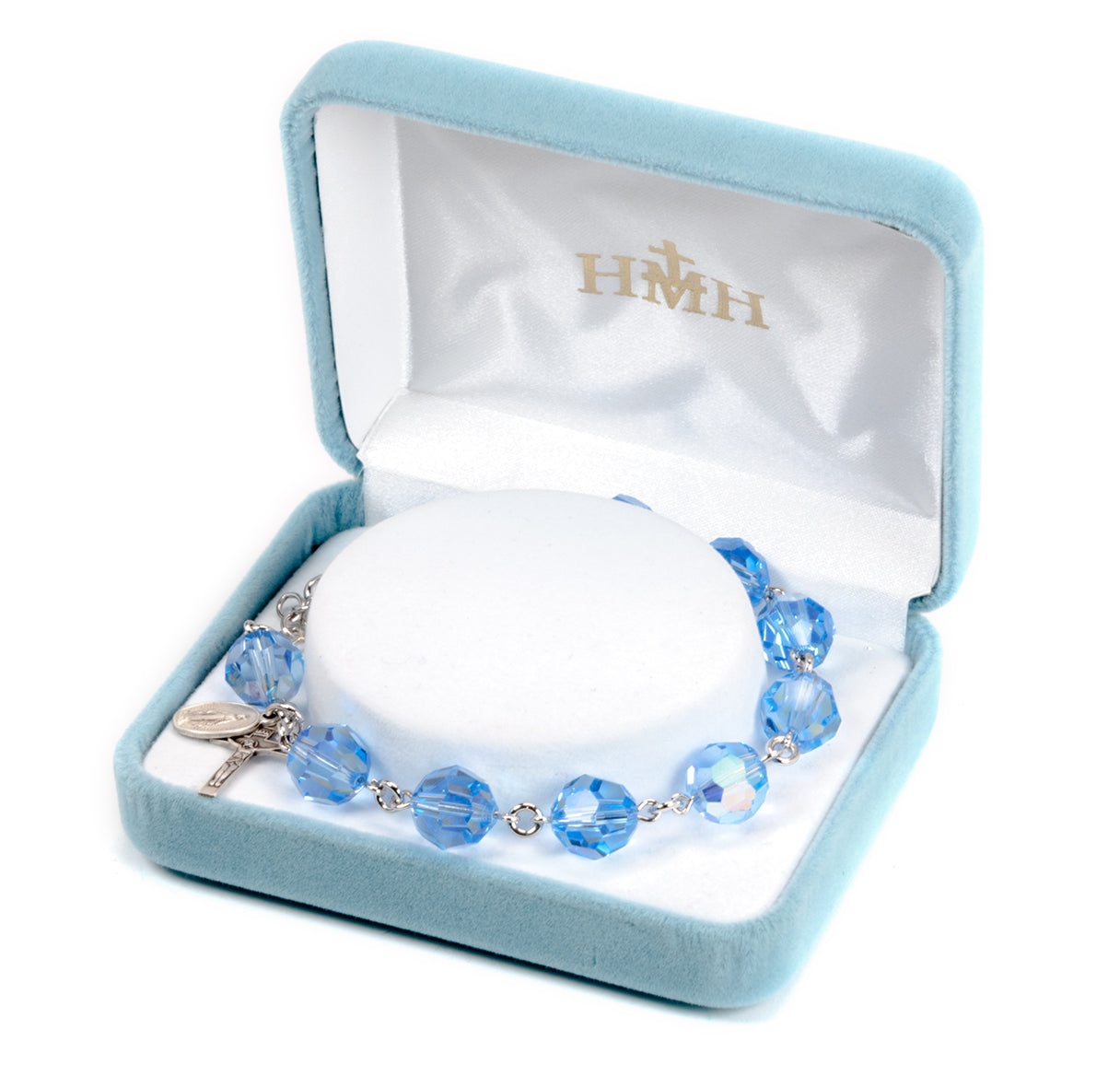 Sterling Silver Rosary Bracelet Created with 10mm Light Sapphire Crystals by Swarovski® Austrian Crystal Round Beads by HMH