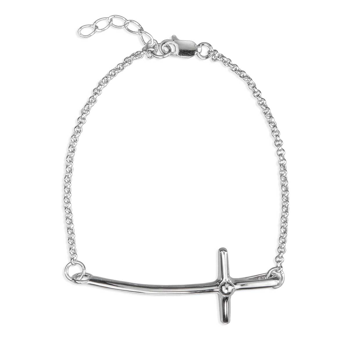 Sterling Silver Cross Bracelet W/ Sterling Silver Rolo Chain 7 1/2" & 1" Extender-Bxd