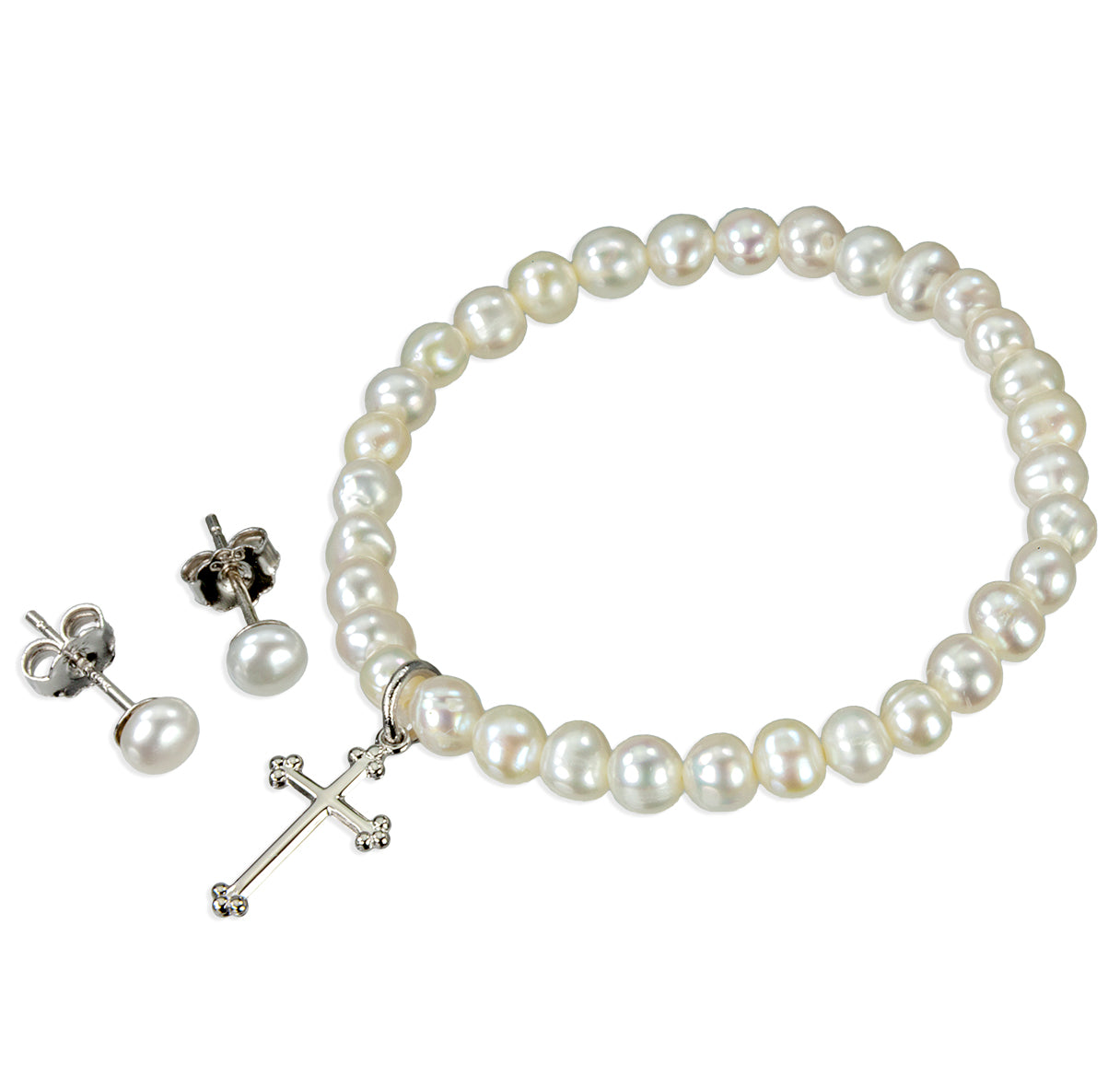 Freshwater Pearl 4mm Bracelet w/Sterling Silver Small Cross(S1701) & 4mmPearl Earring Set-Bxd