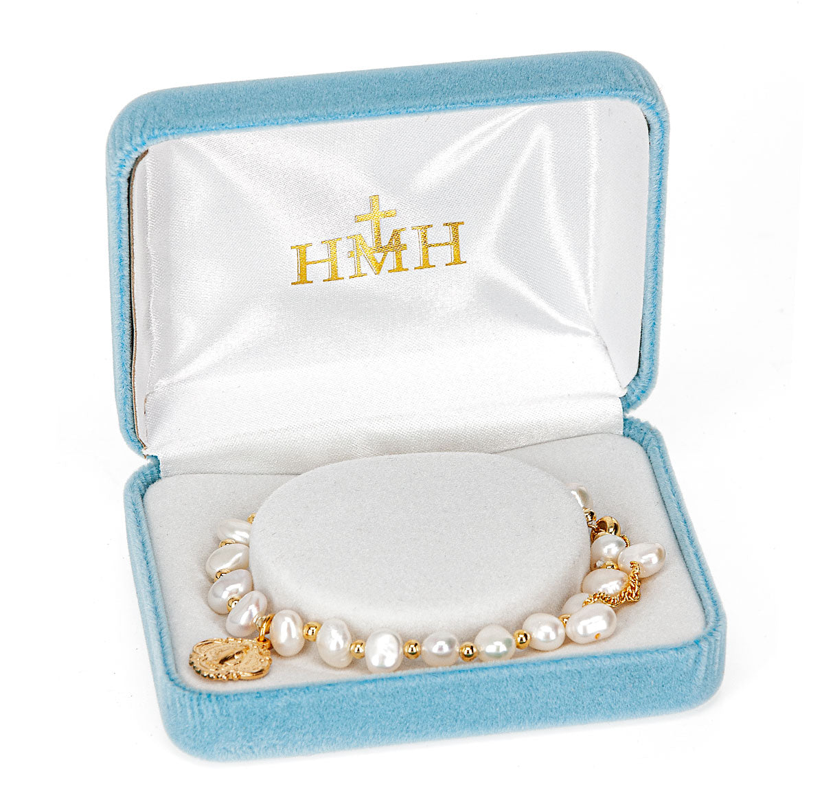 6mm Cultured Freshwater White Pearl W/ Gold Bead Plated Pull Bracelet W/ Gold Over Sterling Silver Baroque Miraculous Medal