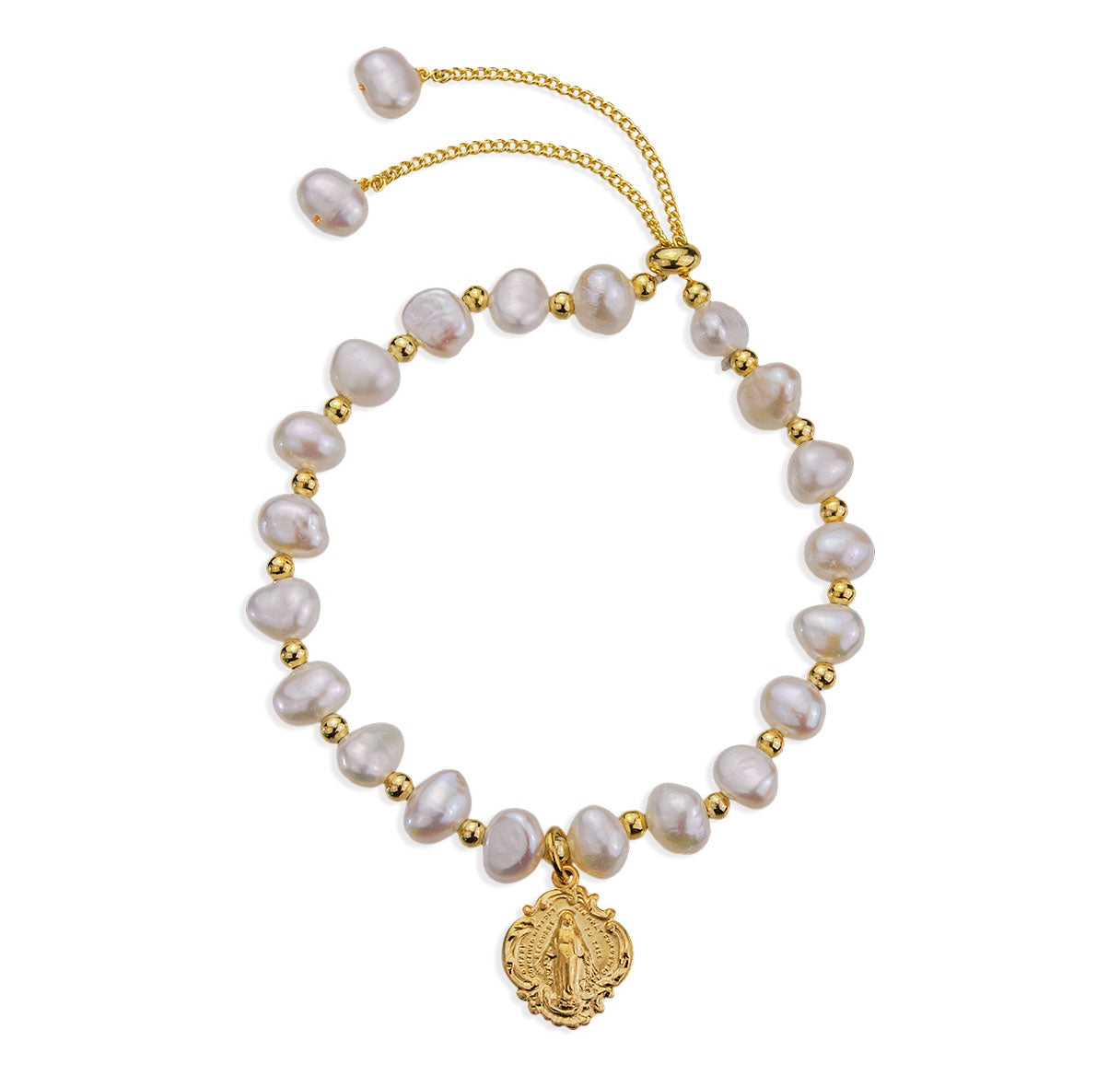 6mm Cultured Freshwater White Pearl W/ Gold Bead Plated Pull Bracelet W/ Gold Over Sterling Silver Baroque Miraculous Medal