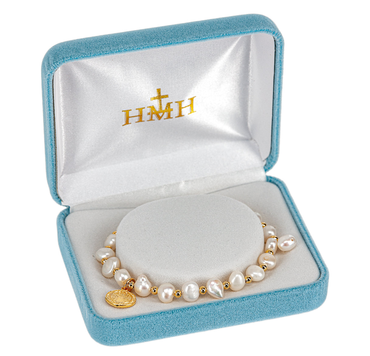 6mm Cultured Freshwater White Pearl W/ Gold Bead Plated Pull Bracelet W/ Gold Over Sterling Silver Small St Benedict Medal