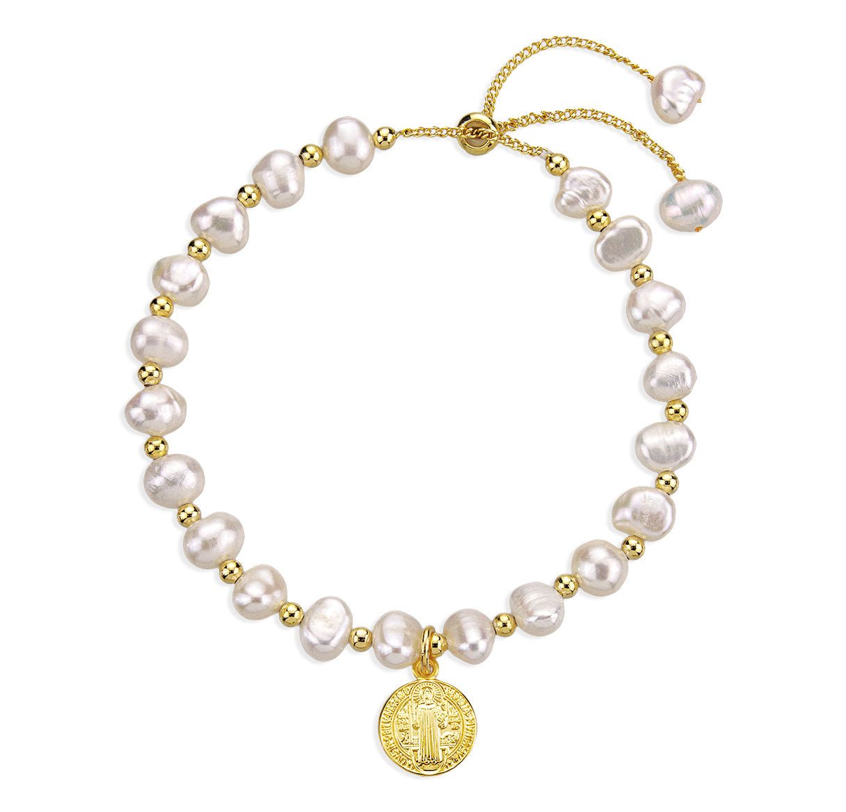 6mm Cultured Freshwater White Pearl W/ Gold Bead Plated Pull Bracelet W/ Gold Over Sterling Silver Small St Benedict Medal