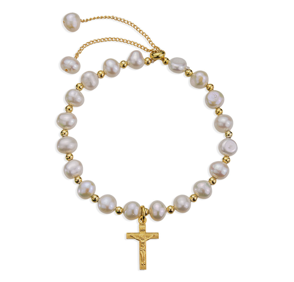 6mm Cultured Freshwater White Pearl W/ Gold Bead Plated Pull Bracelet W/ Gold Over Sterling Silver Small Crucifix Medal-(GS1802)-Bxd