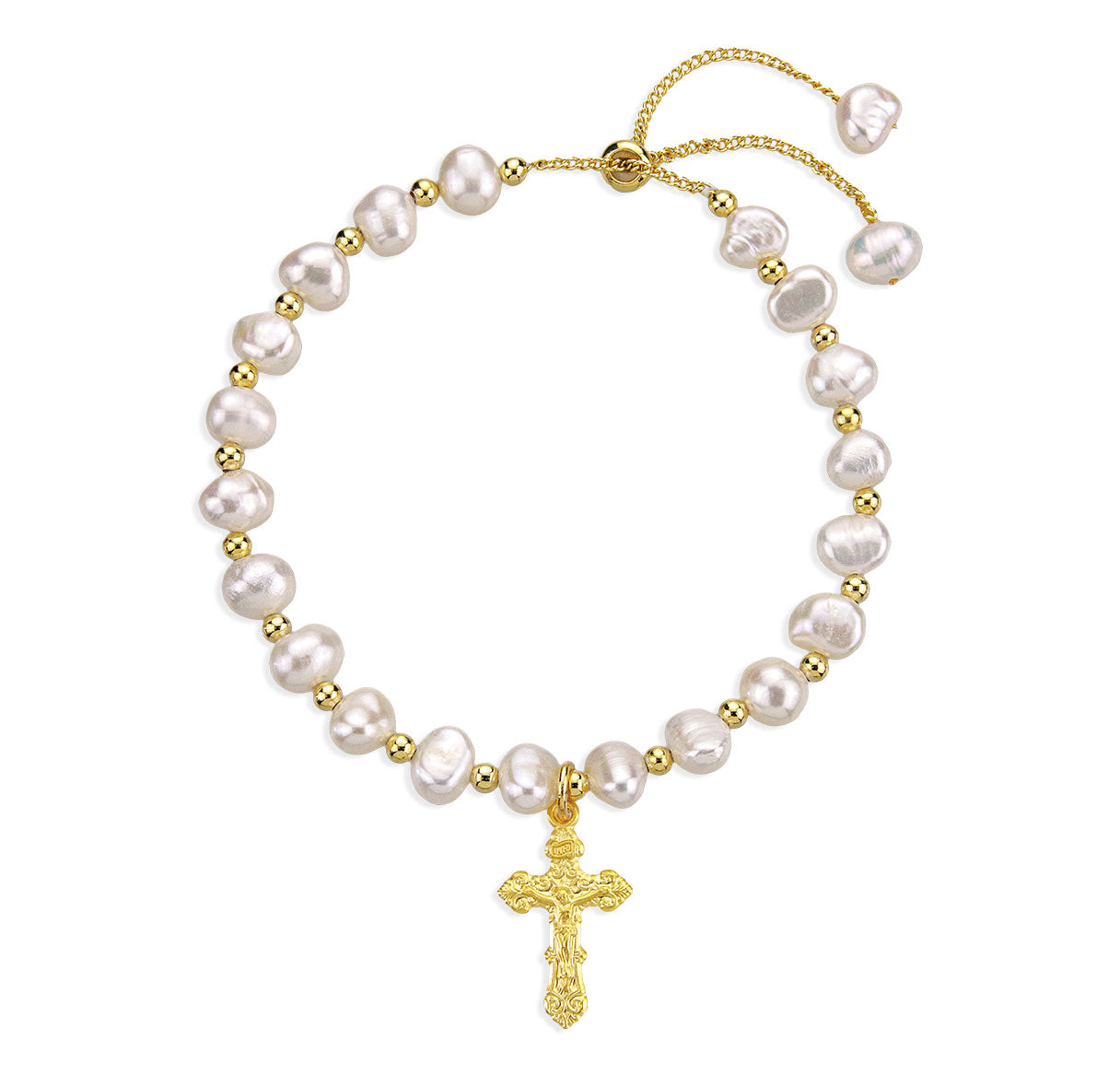 6mm Cultured Freshwater White Pearl W/ Gold Bead Plated Pull Bracelet W/ Gold Over Sterling Silver Small Crucifix Medal-(GS1889)-Bxd