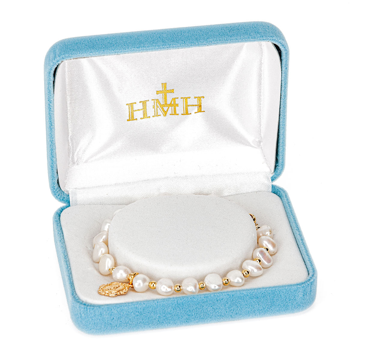 6mm Cultured Freshwater White Pearl W/ Gold Bead Plated Pull Bracelet W/ Gold Over Sterling Silver Small Miraculous Medal