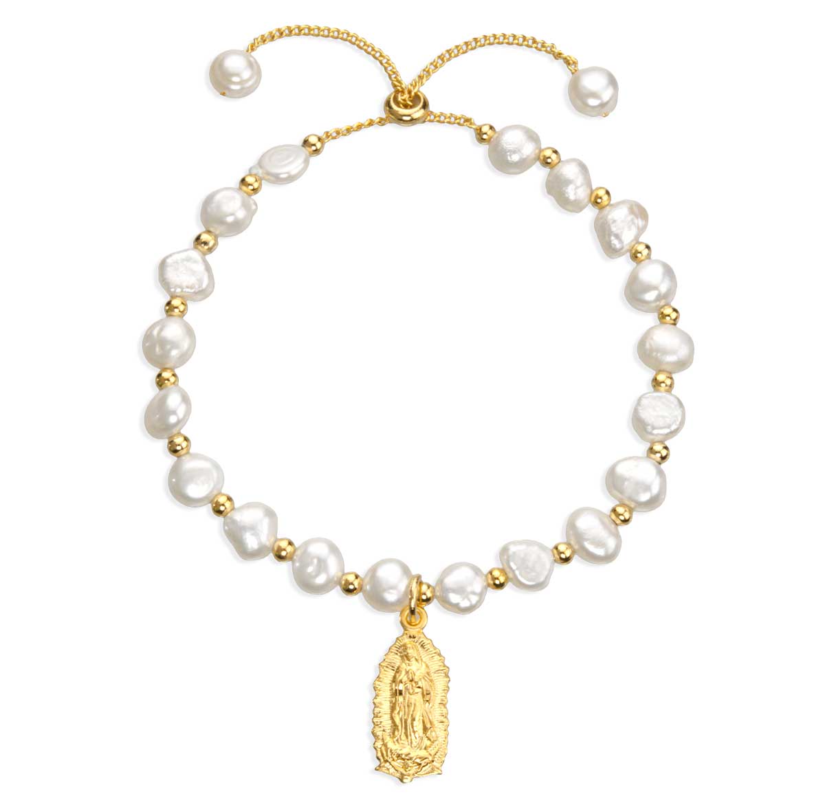 6mm Cultured Freshwater White Pearl W/ Gold Bead Plated Pull Bracelet W/ Gold Over Sterling Silver Guadaulpe Medal