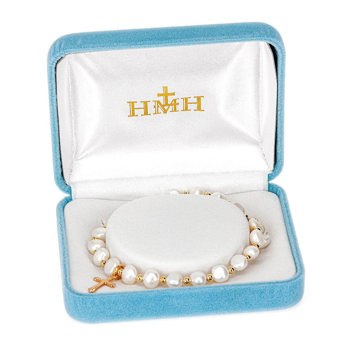 6mm Cultured Freshwater White Pearl W/ Gold Bead Plated Pull Bracelet W/ Gold Over Sterling Silver Small Coss Medal