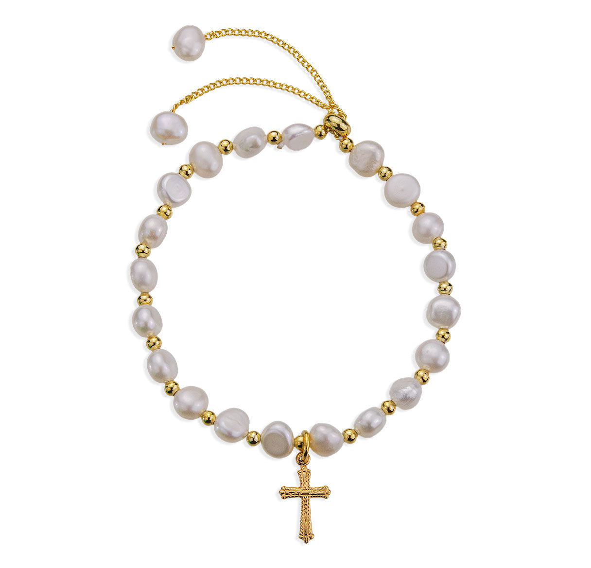 6mm Cultured Freshwater White Pearl W/ Gold Bead Plated Pull Bracelet W/ Gold Over Sterling Silver Small Coss Medal