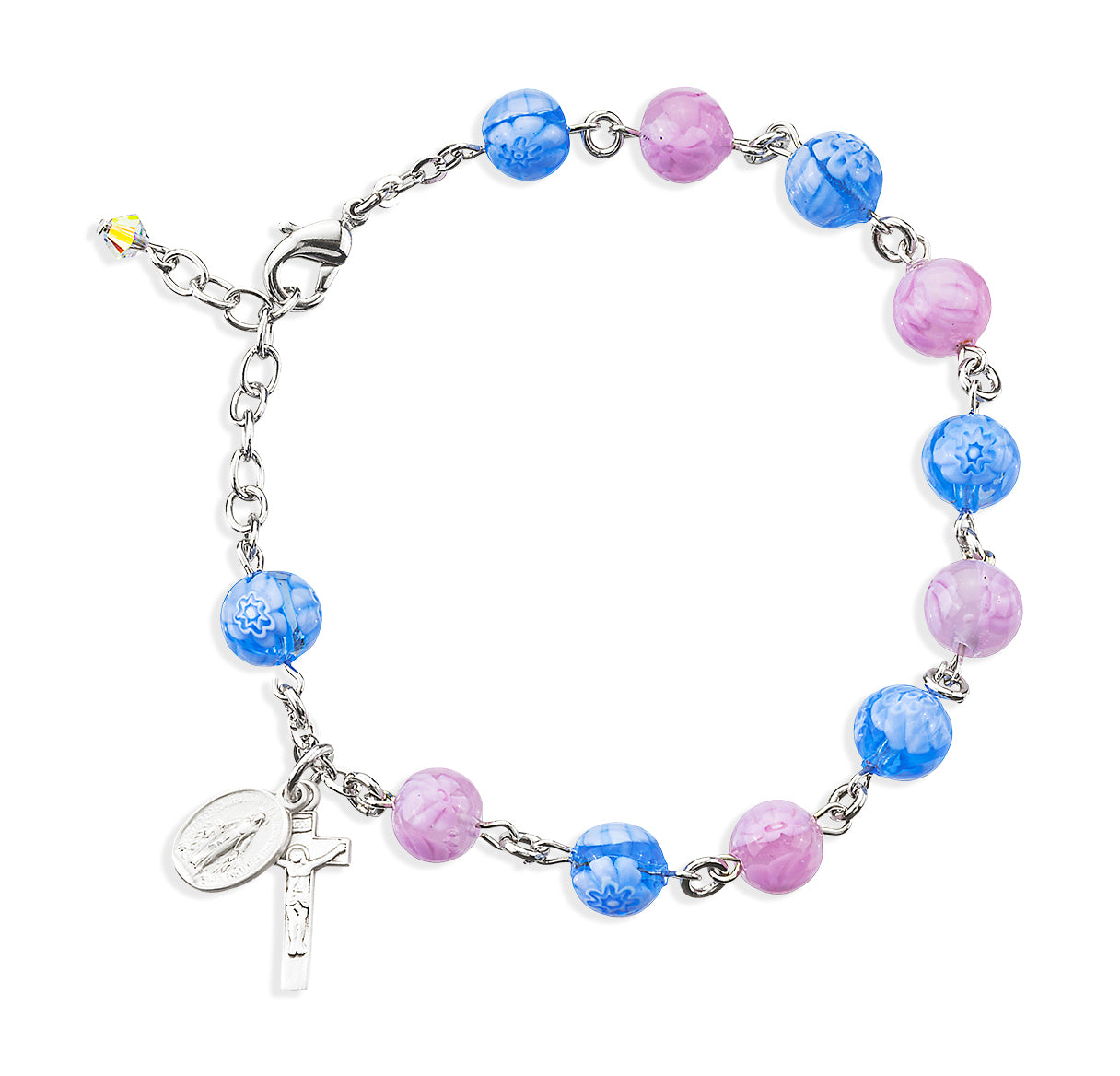 8mm Venetian Glass Blue & Pink Flower Rosary Bracelet w/ Sterling Medals-Bxd