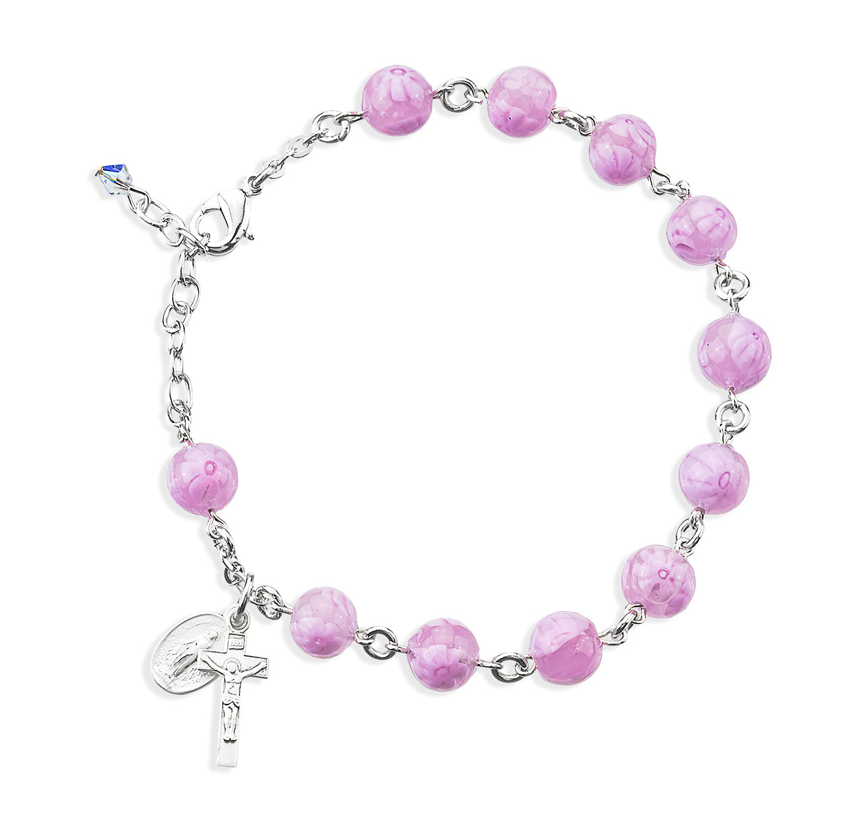 8mm Venetian Glass Pink & White Flower Bead Rhodium Plated Brass Rosary Bracelet w/Sterling Silver Crucifix and Miraculous Medal-Bxd