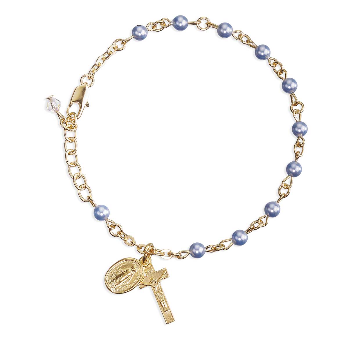 4mm Crystals by Swarovski® Blue Imitation Pearl Gold Plated Rosary Bracelet W/ Gold Over Sterling Cfx & Mirac-(GS1802/GS3100)-Bxd