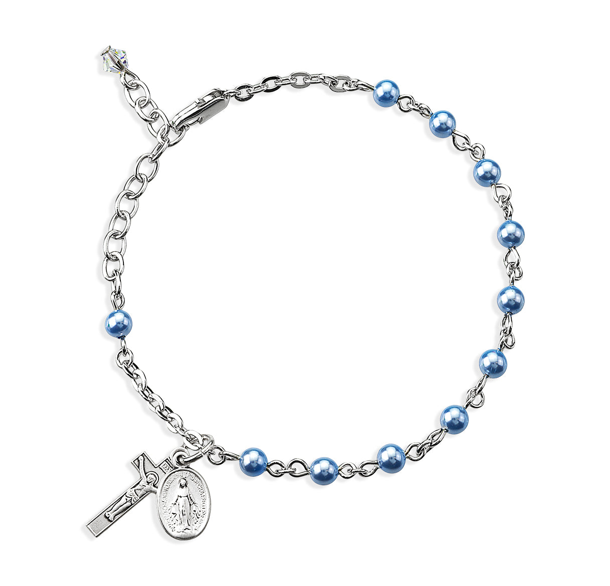 4mm Blue Finest Imitation Pearl Beads Rosary Bracelet w/Sterling Silver Miraculous Medal and Crucifix-Boxed