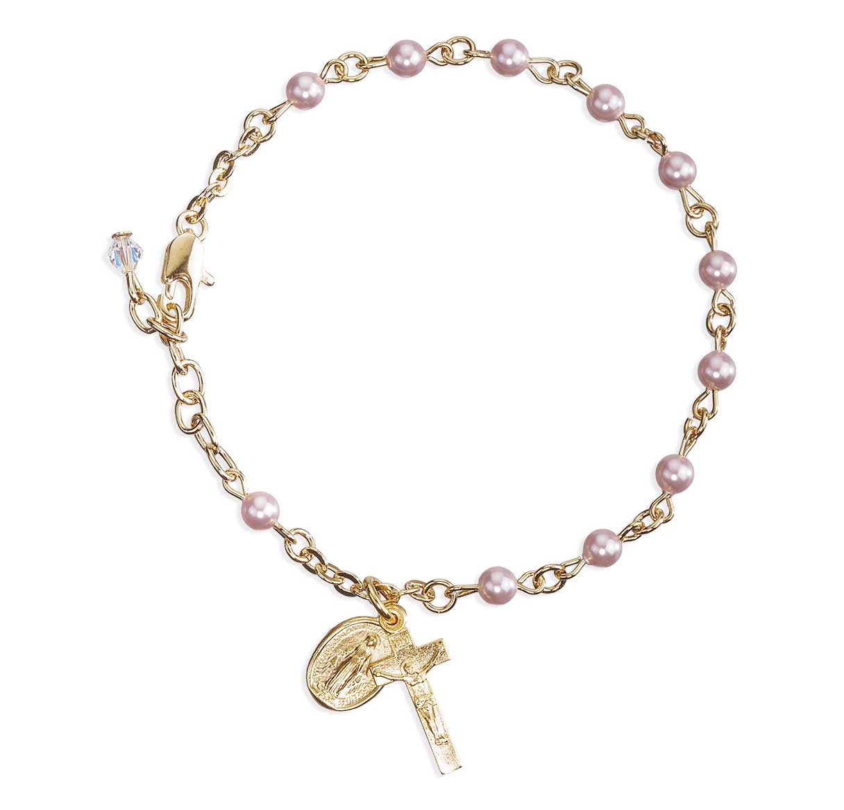 4mm Crystals by Swarovski® Pink Imitation Pearl Gold Plated Rosary Bracelet W/ Gold Over Sterling Cfx & Mirac-(GS1802/GS3100)-Bxd