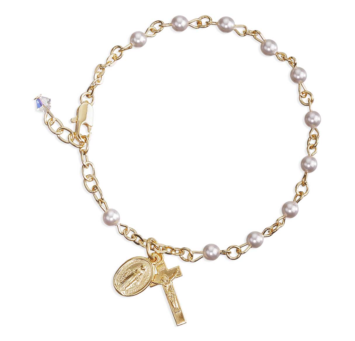 4mm Crystals by Swarovski® White Imitation Pearl Gold Plated Rosary Bracelet W/ Gold Over Sterling Cfx & Mirac-(GS1802/GS3100)-Bxd