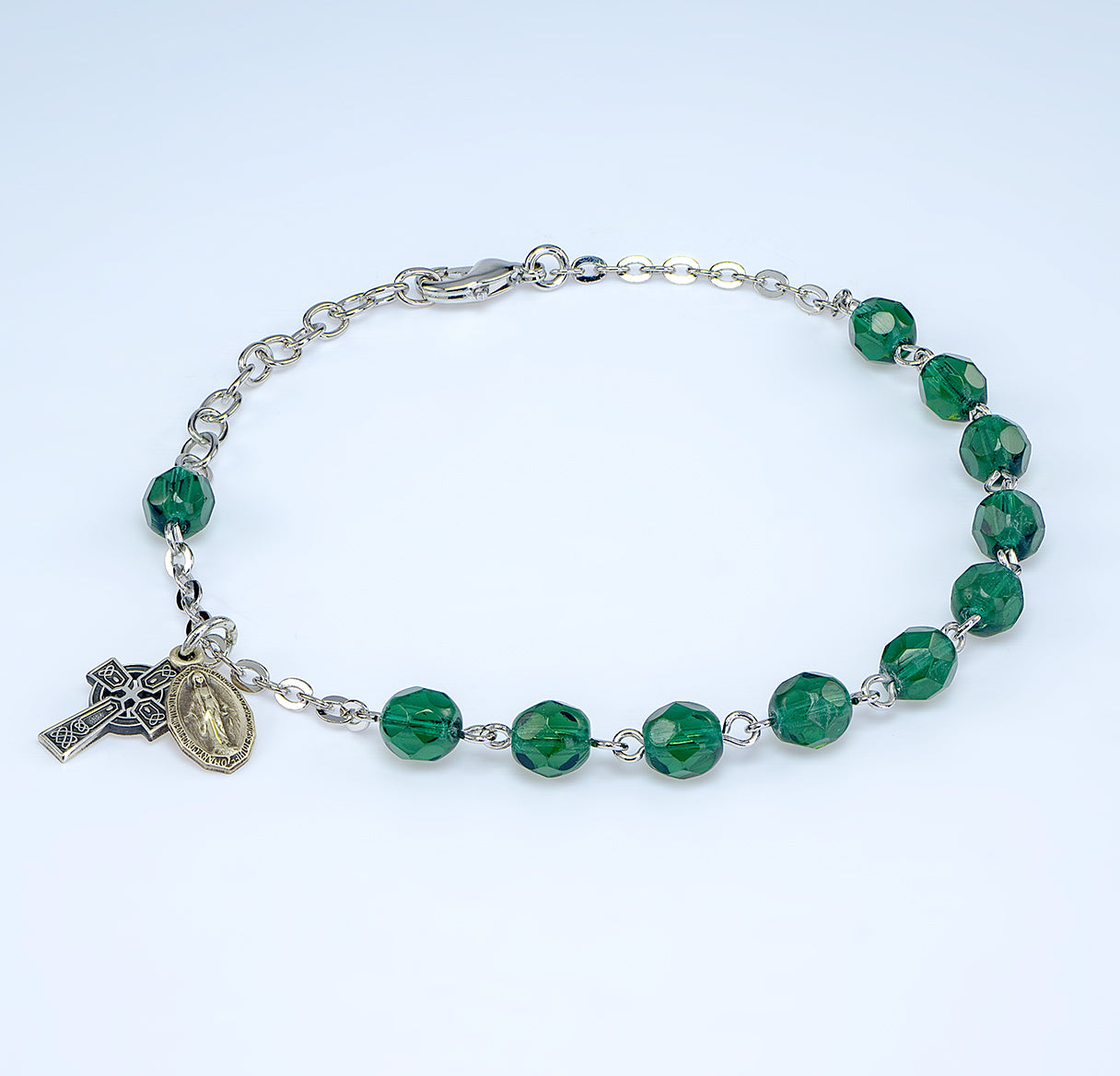 6mm Emerald Rosary Bracelet w/Sterling Medals 1788 & 1121-Bxd
