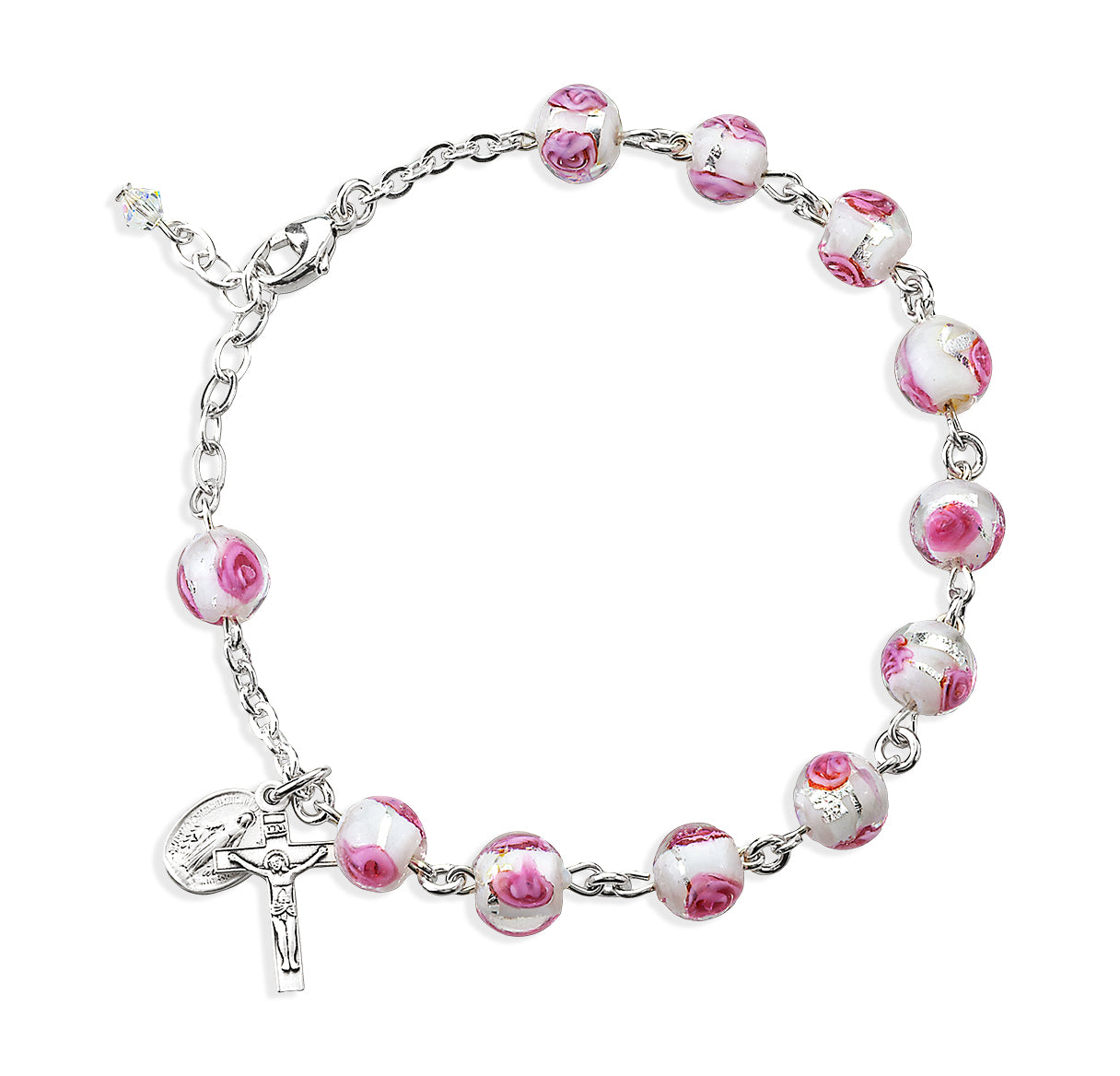 8mm Glass Rosebud bead Rosary Bracelet W/ Sterling Medals-Bxd