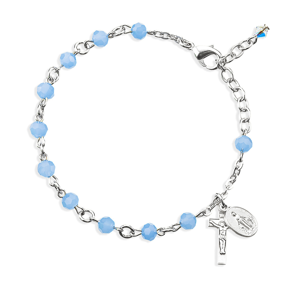 5mm Blue Opal Faceted Crystal Bead Rosary Bracelet w/ Sterling Mirac Medal and sterling Crucifix-Bxd