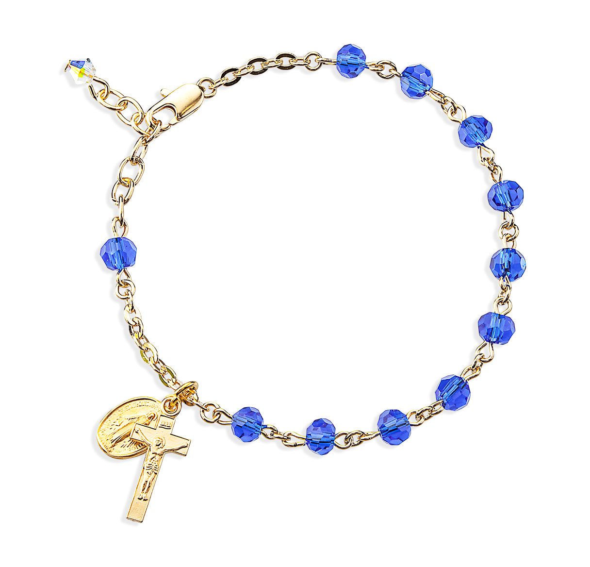 5mm Caribbean Blue Faceted Crystal Bead Gold Plated Rosary Bracelet W/Gold Over Sterling Mirac Medal and Sterling Crucifix-Bxd