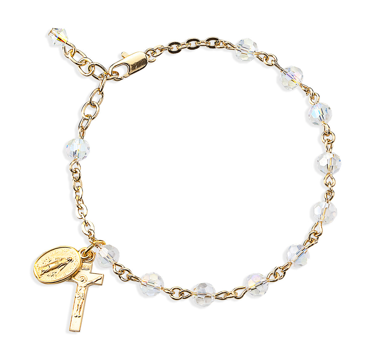 5mm Crystal Faceted Crystal Bead Gold Plated Rosary Bracelet W/Gold Over Sterling Mirac Medal and Sterling Crucifix-Bxd