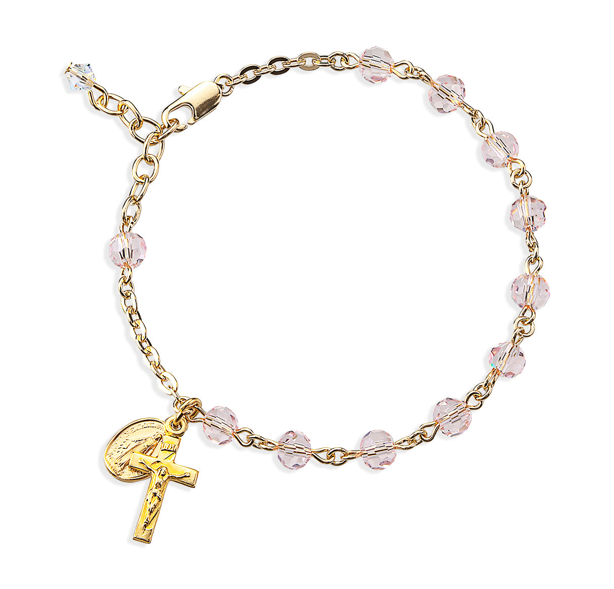 5mm Light Rose Faceted Crystal Bead Gold Plated Rosary Bracelet W/Gold Over Sterling Mirac Medal and Sterling Crucifix-Bxd