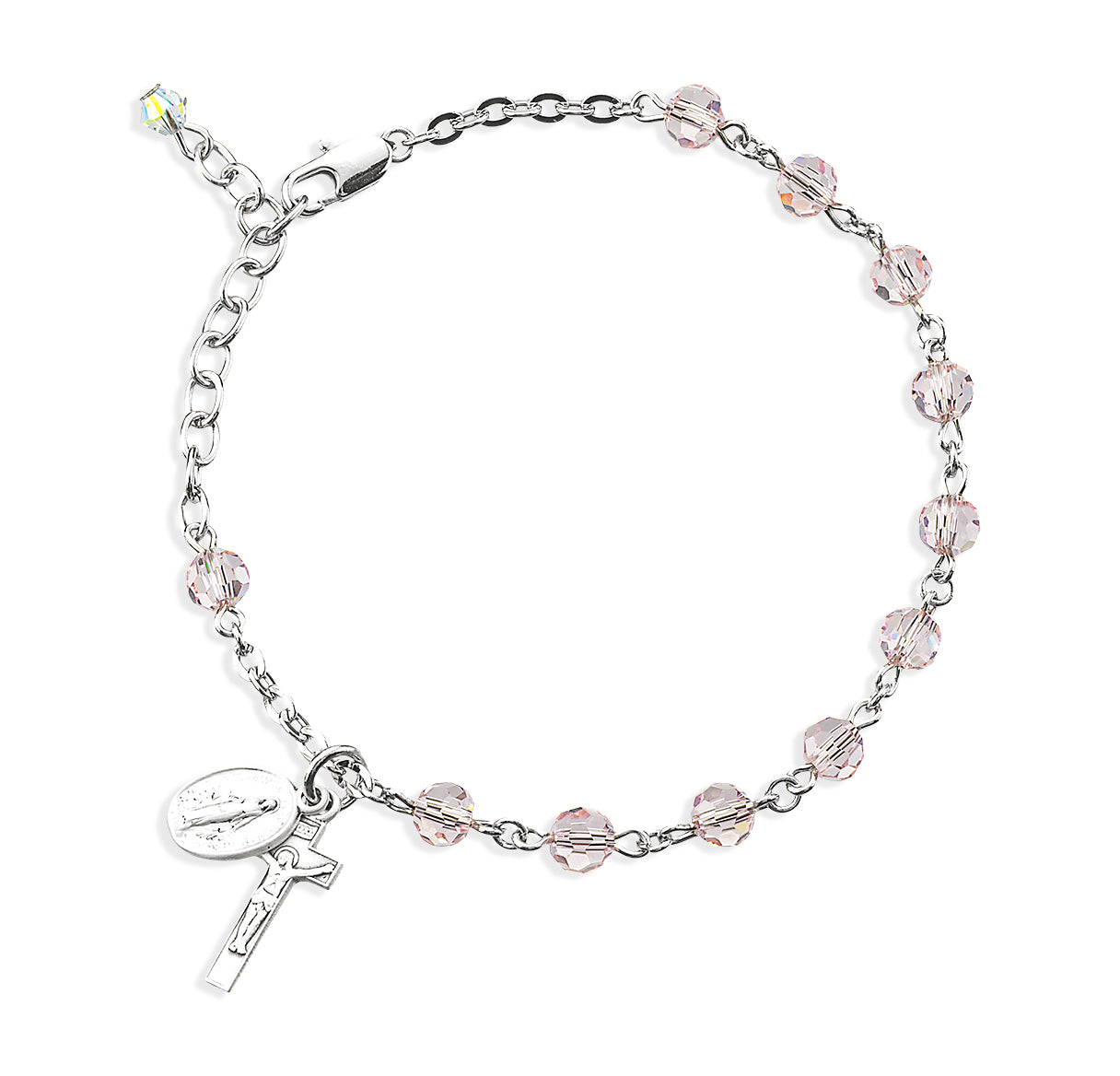 5mm Light Rose Faceted Crystal Beads Rosary Bracelet w/ Sterling Mirac Medal and Sterling Crucifix-Bxd