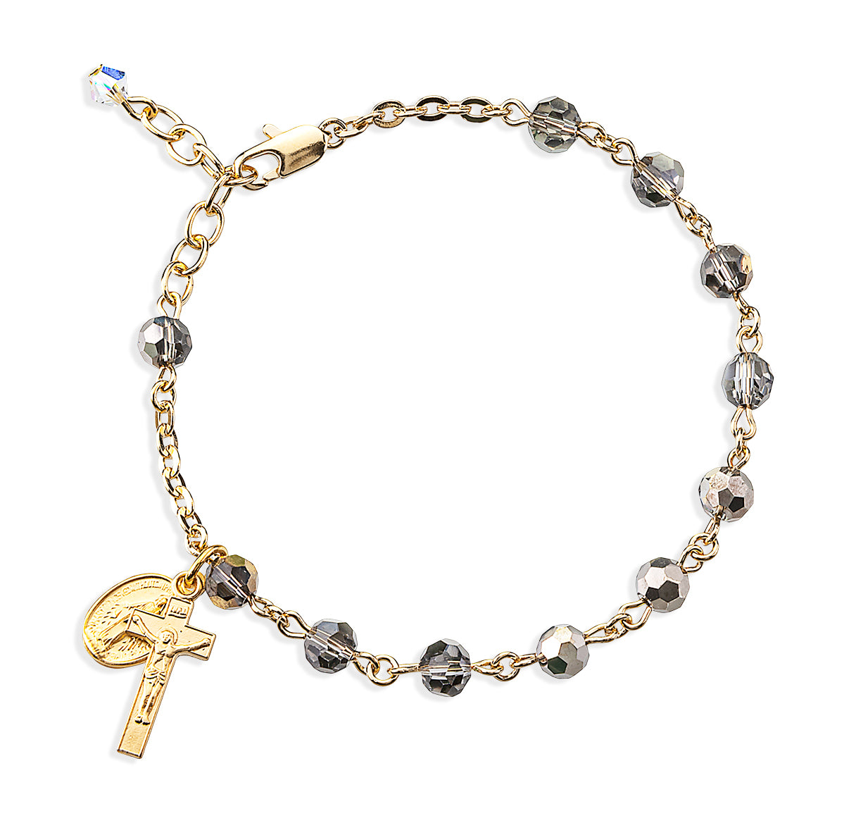 5mm Metalic Silver Faceted Crystal Bead Gold Plated Rosary Bracelet W/Gold Over Sterling Mirac Medal and Sterling Crucifix-Bxd