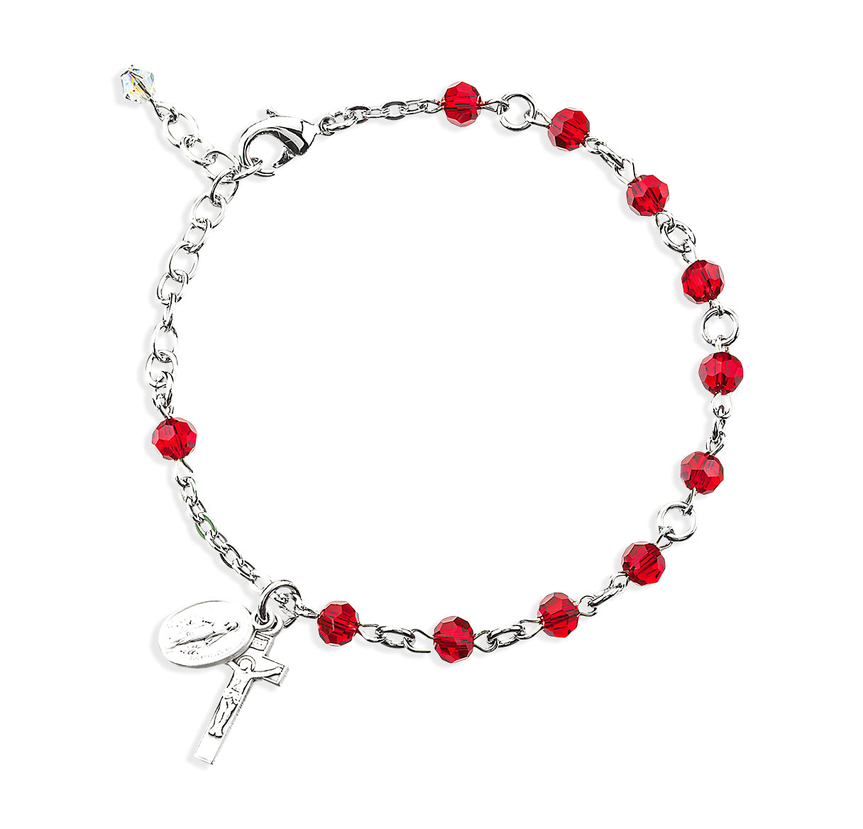 5mm Ruby Faceted Crystal Bead Rosary Bracelet w/ Sterling Miraculous Medal and Sterling Crucifix-Bxd