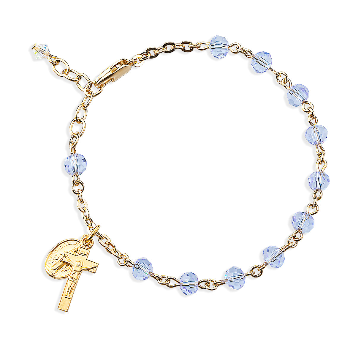 5mm Violet Faceted Crystal Bead Gold Plated Rosary Bracelet W/Gold Over Sterling Mirac Medal and Sterling Crucifix-Bxd