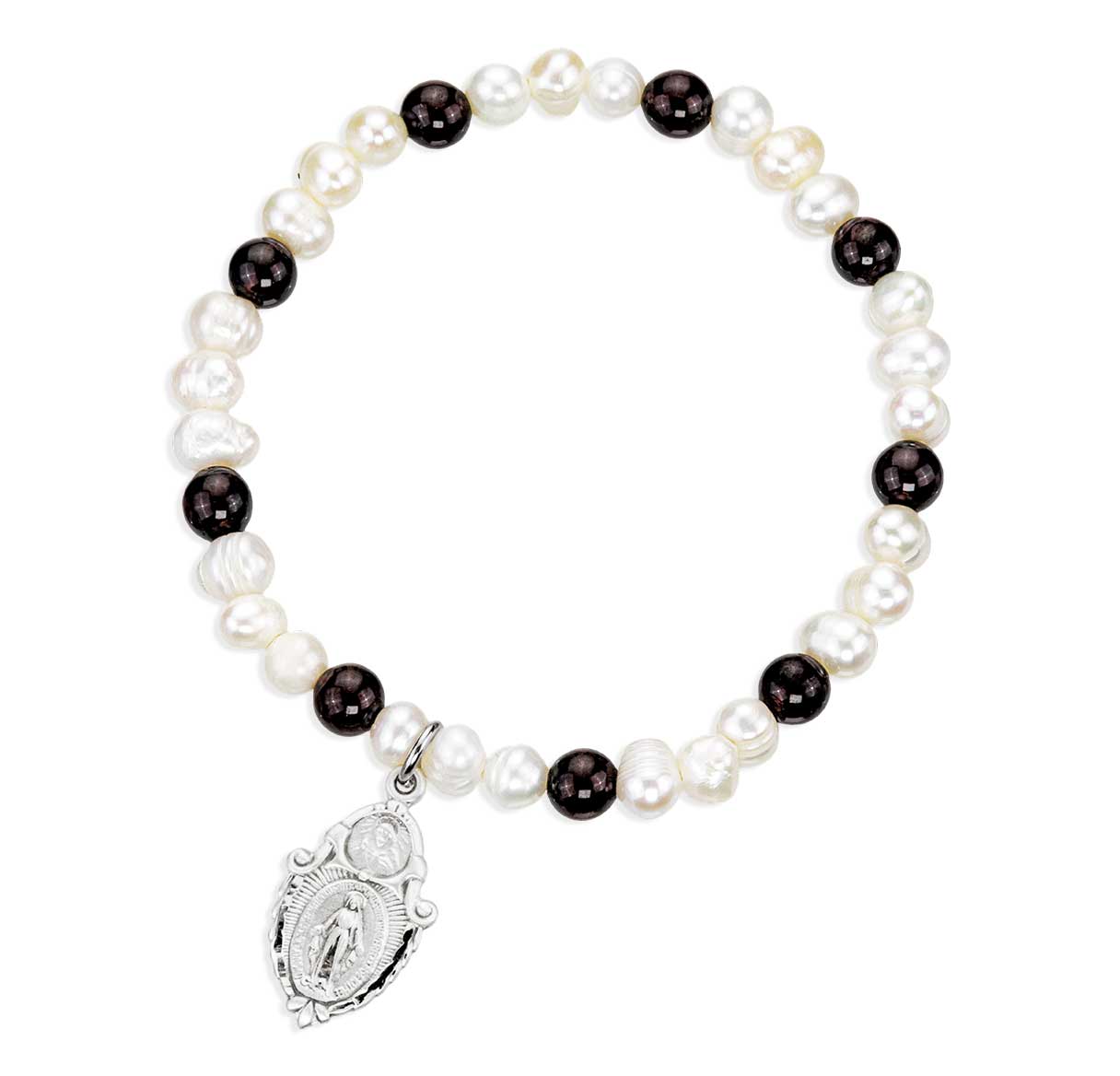 5mm White Fresh Water Pearl & 6mm Garnet Bead Bracelet W/ Sterling Silver  Miraculous Scapular Medal