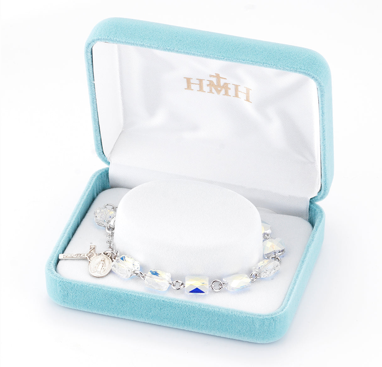 Rosary Bracelet Created with 8mm Aurora Borealis Crystals by Swarovski® Austrian Crystal Multi-Faceted Square Beads by HMH