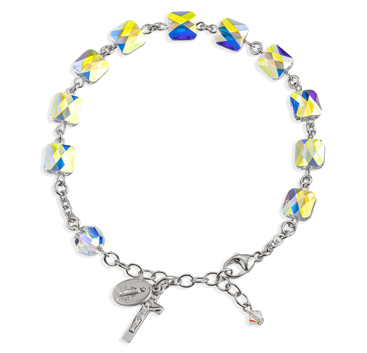 Rosary Bracelet Created with 8mm Aurora Borealis Crystals by Swarovski® Austrian Crystal Multi-Faceted Square Beads by HMH