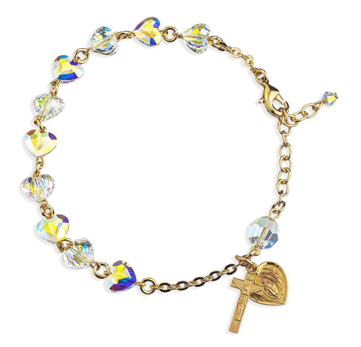 8mm Crystals by Swarovski® Aurora Crystal Heart Shaped Rosary Bracelet Gold Plated Brass Findings W/ Gold Over Sterling Medals-(GS1124/GS1802)-Bxd