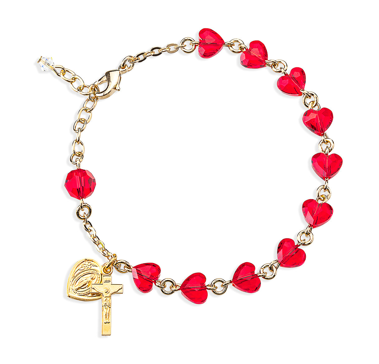 8mm Crystals by Swarovski® Red Heart Shaped Rosary Bracelet Gold Plated Brass Findings W/ Gold Over Sterling Medals-(GS1124/GS1802)-Bxd