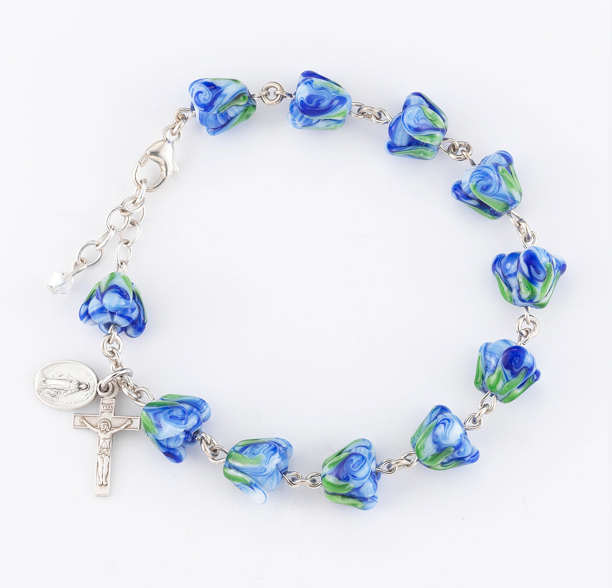10mm Blue and Green Glass Flower Beads Bracelet Rhodium Plated Findings W/ Sterling Silver Crucifix and Mirac-Bxd