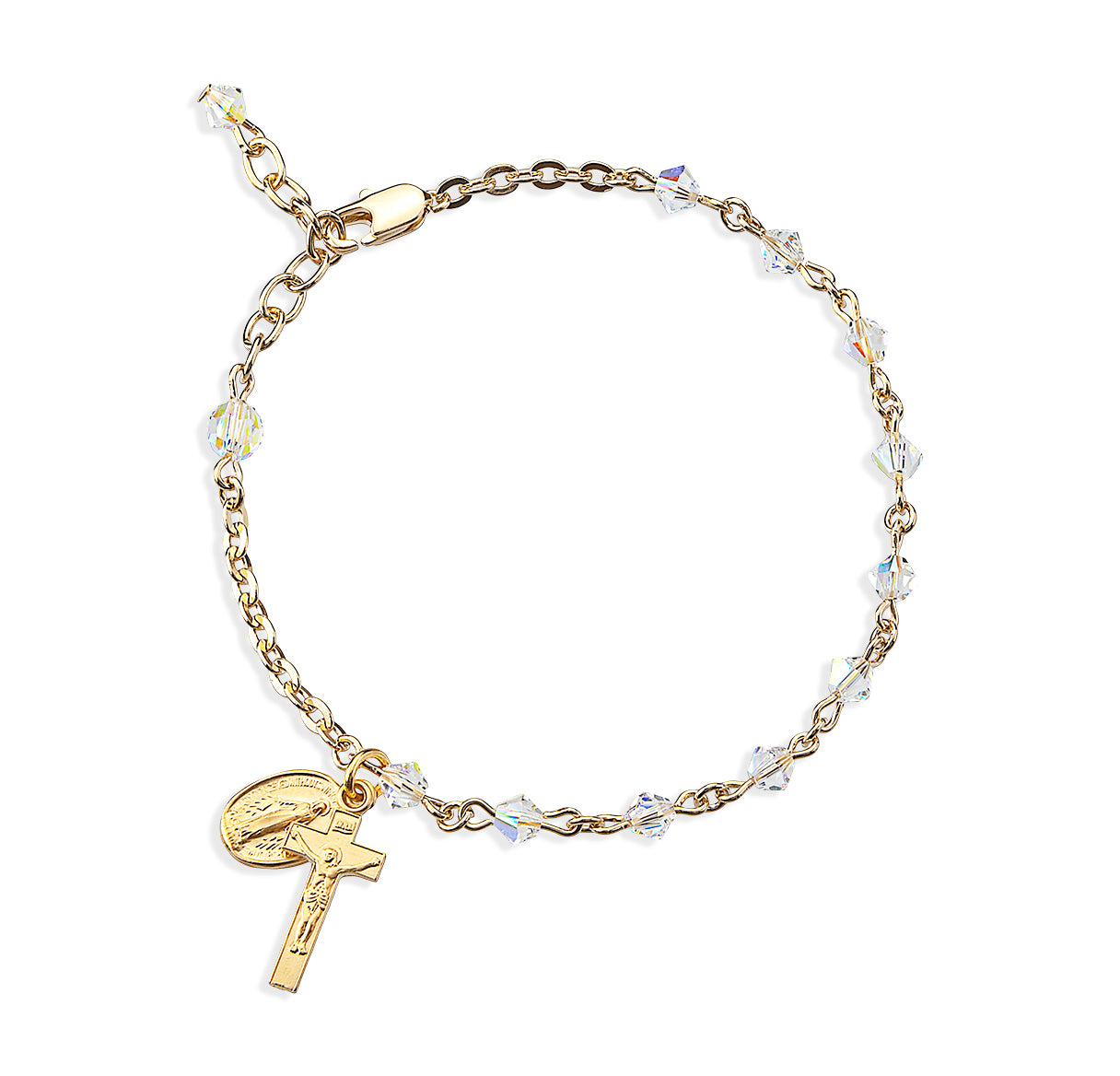 4mm Finest Bicone Crystal Gold Plated Rosary Bacelet W/ Gold Over Mirac & Cfx Medals-Bxd