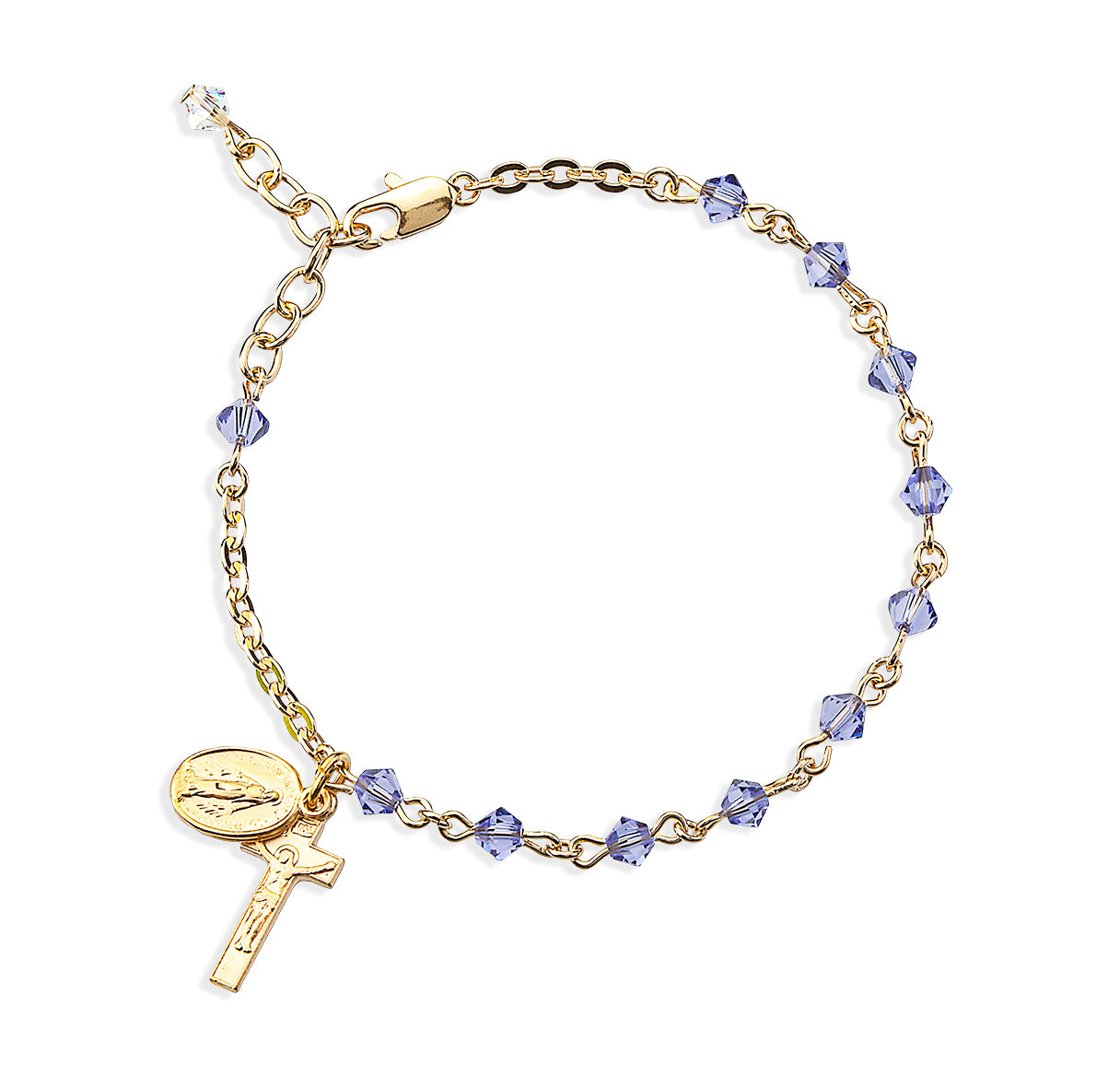 4mm Finest Bicone Tanzanite Gold Plated Rosary Bacelet W/ Gold Over Mirac & Cfx Medals-Bxd
