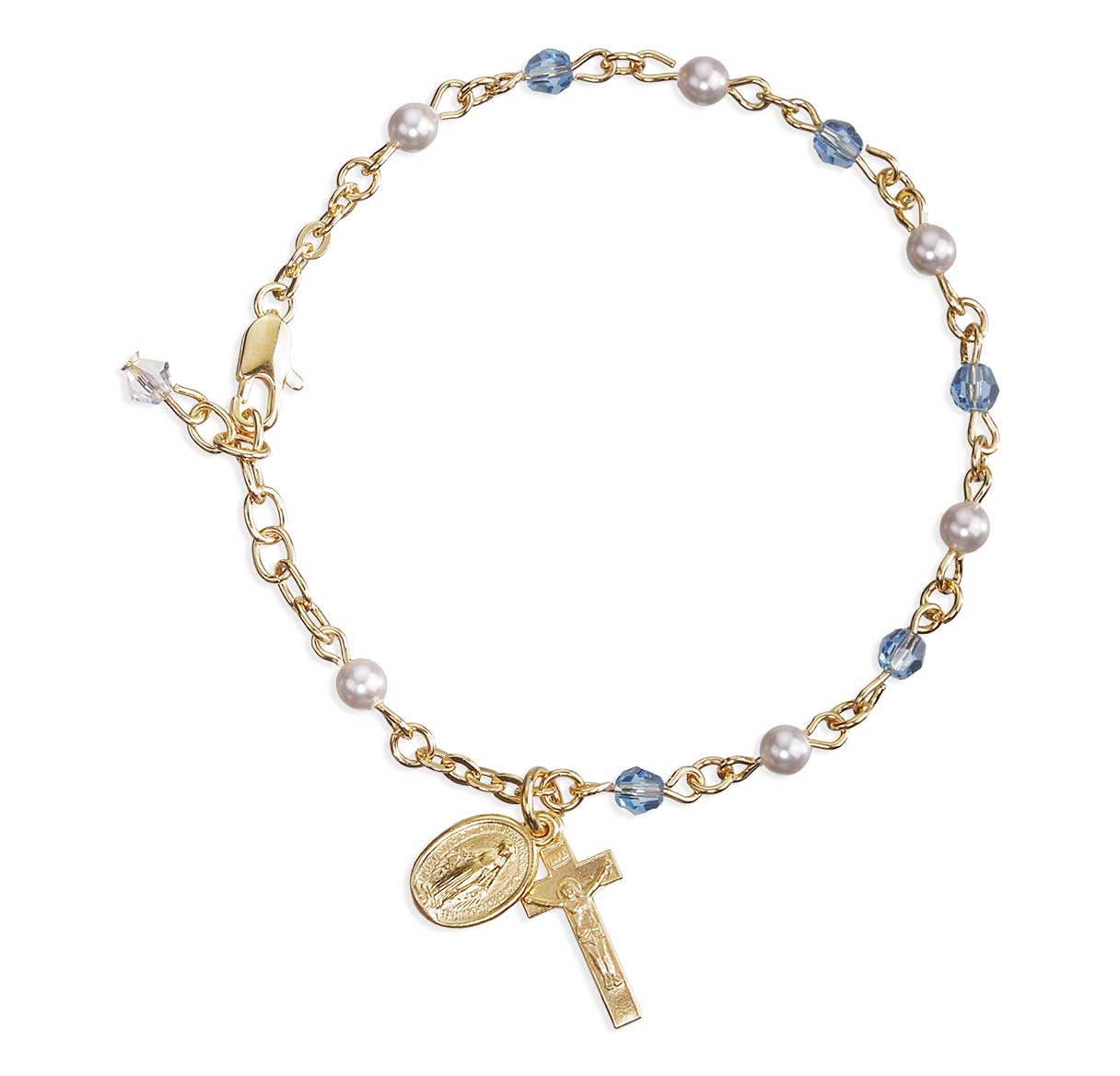 4mm Crystals by Swarovski® Aqua Crystals & White Pearl Gold Plated Rosary Bracelet W/ Gold OverSterling Cfx & Mirac-(GS1802/GS3100)-Bxd