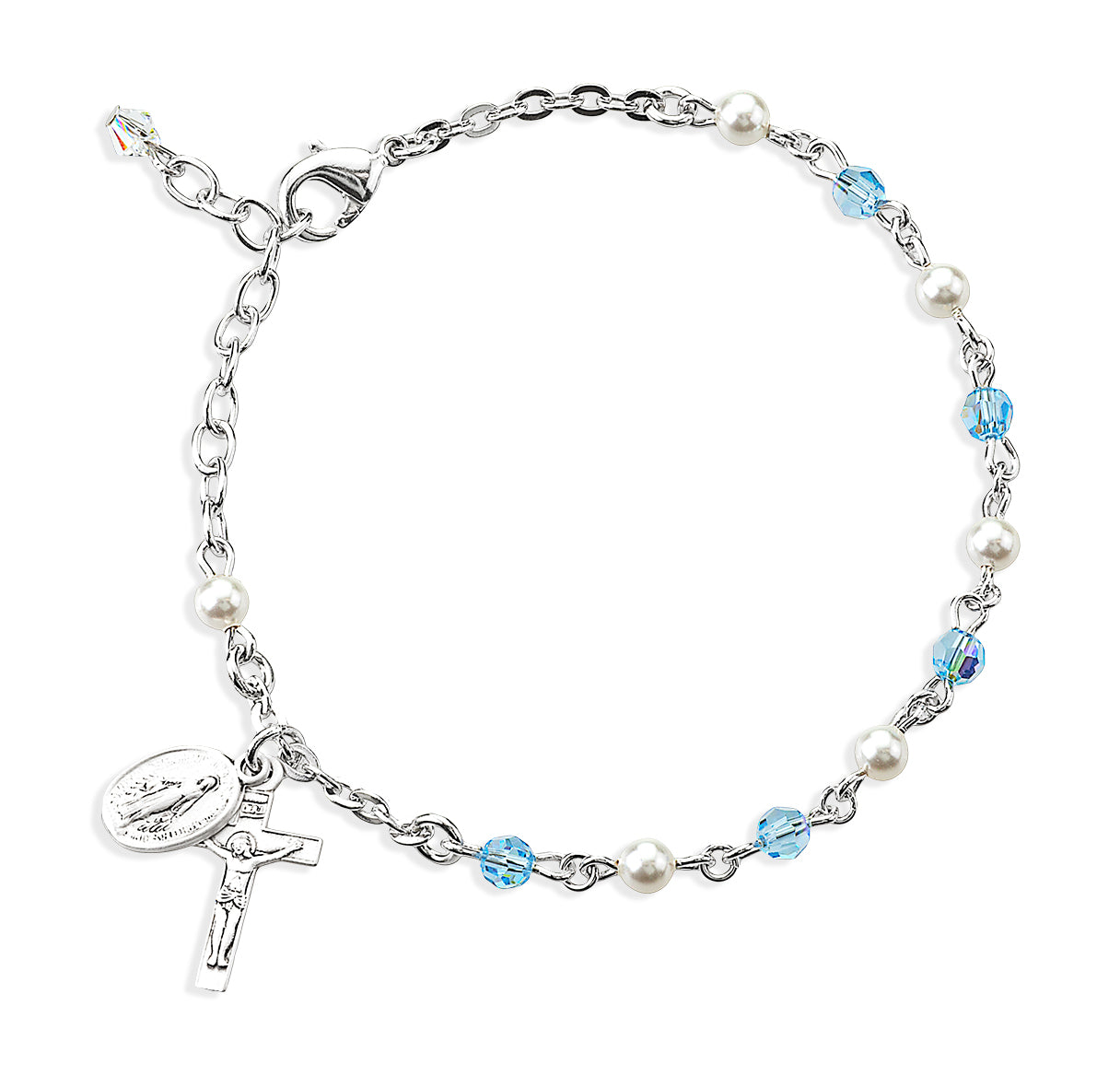 4mm Rosary Bracelet made with Crystals by Swarovski® Aqua Crystals & White Pearls W/Sterling Medals-Bxd
