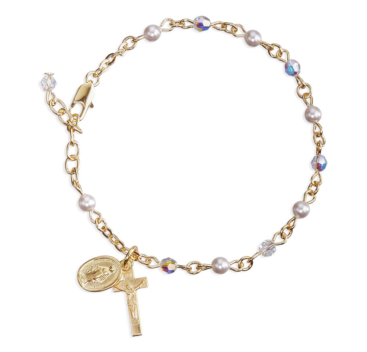 4mm Crystals by Swarovski® Crystal (AB) & White Pearl Gold Plated Rosary Bracelet W/ Gold OverSterling Cfx & Mirac-(GS1802/GS3100)-Bxd