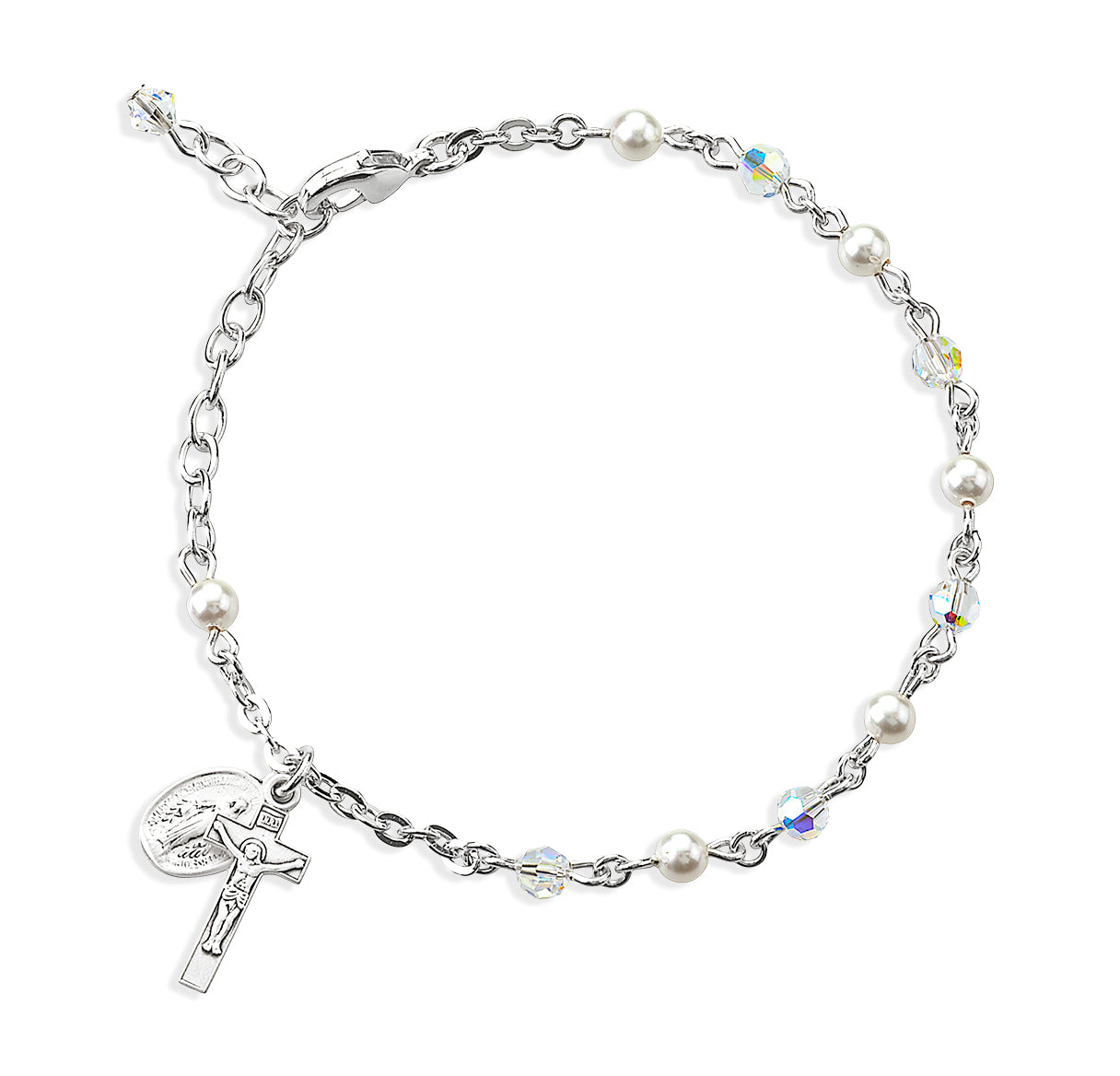 4mm Rosary Bracelet made with Crystals by Swarovski® Crystals & White Pearls W/Sterling Medals-Bxd