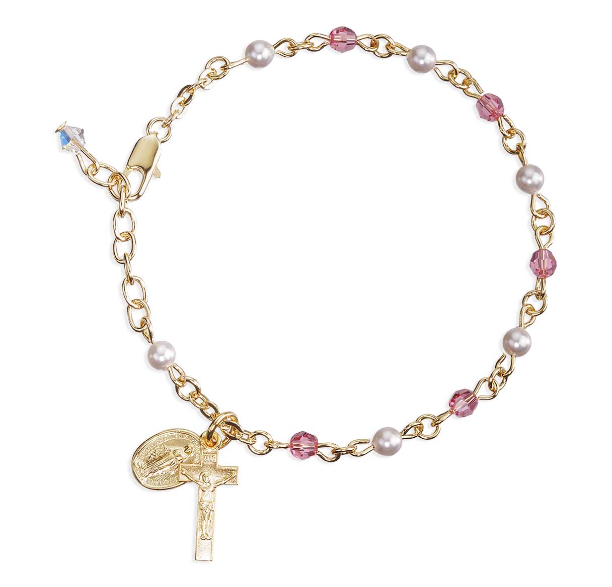 4mm Crystals by Swarovski® Pink Crystal & White Pearl Gold Plated Rosary Bracelet W/ Gold OverSterling Cfx & Mirac-(GS1802/GS3100)-Bxd